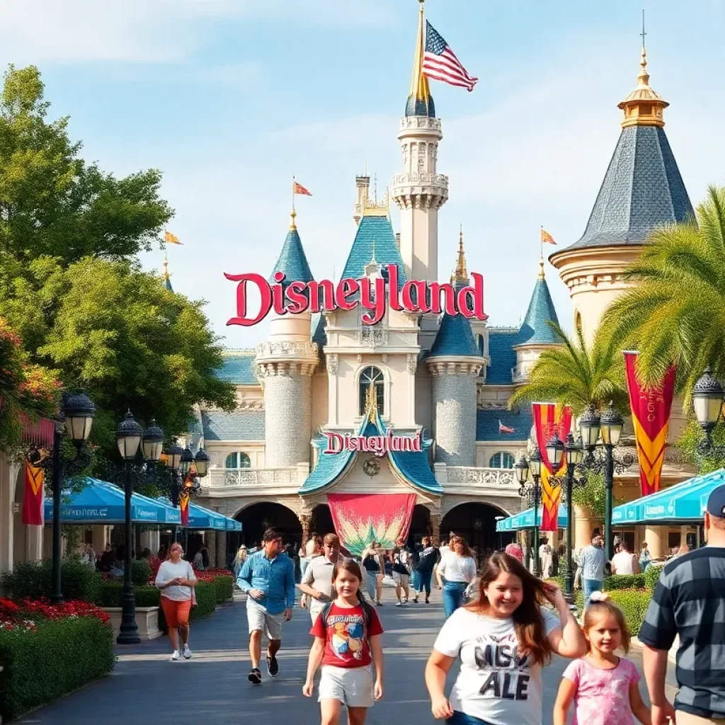 Visitors enjoying their day at Disneyland with attractions in the background