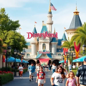 Visitors enjoying their day at Disneyland with attractions in the background