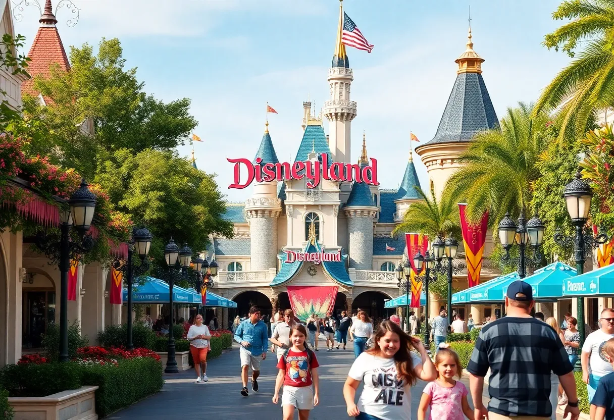 Visitors enjoying their day at Disneyland with attractions in the background
