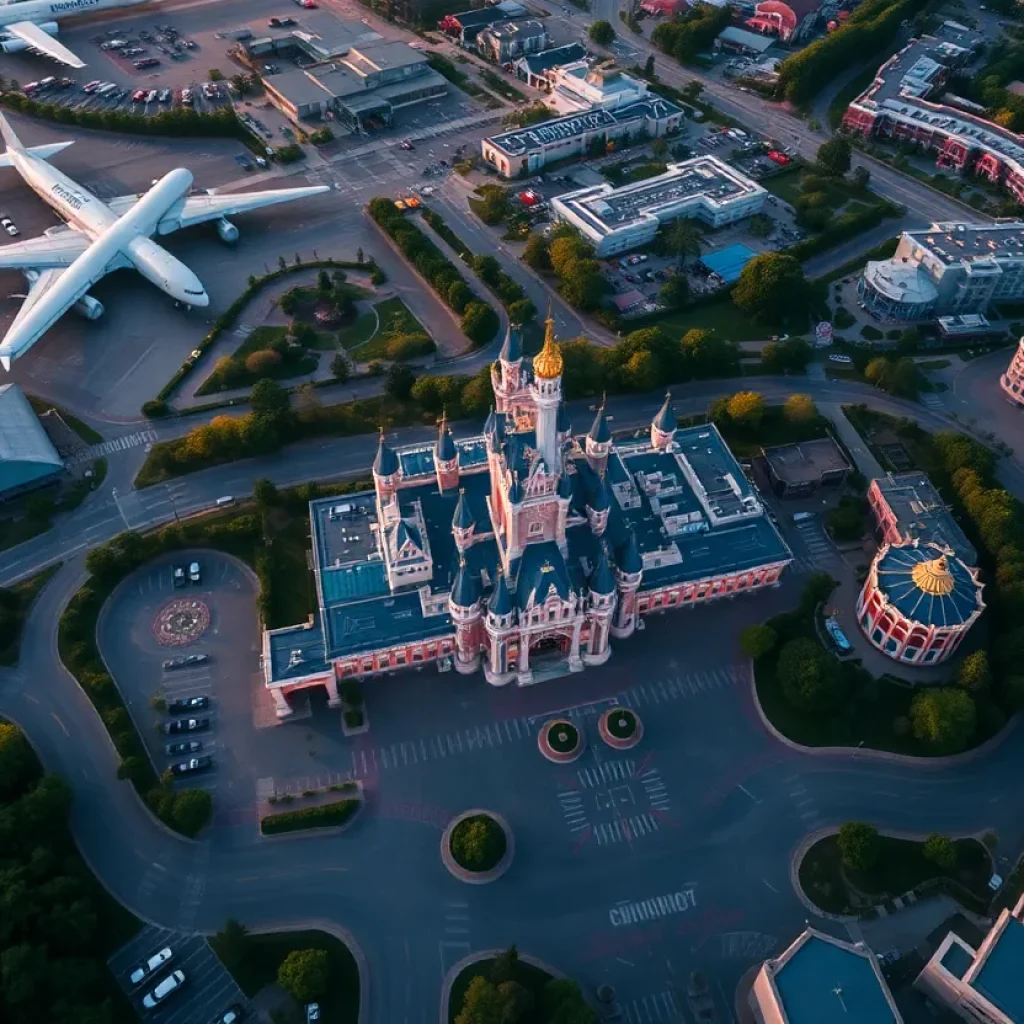 Overview of Disneyland with transportation options indicated