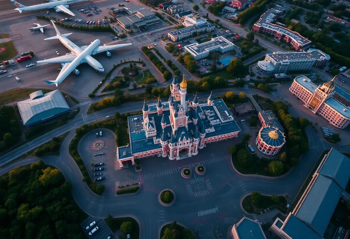 Overview of Disneyland with transportation options indicated