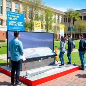 Participants engaging with an earthquake simulator at CSUF