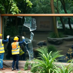 Zoo staff repairing shattered glass panel in gorilla habitat