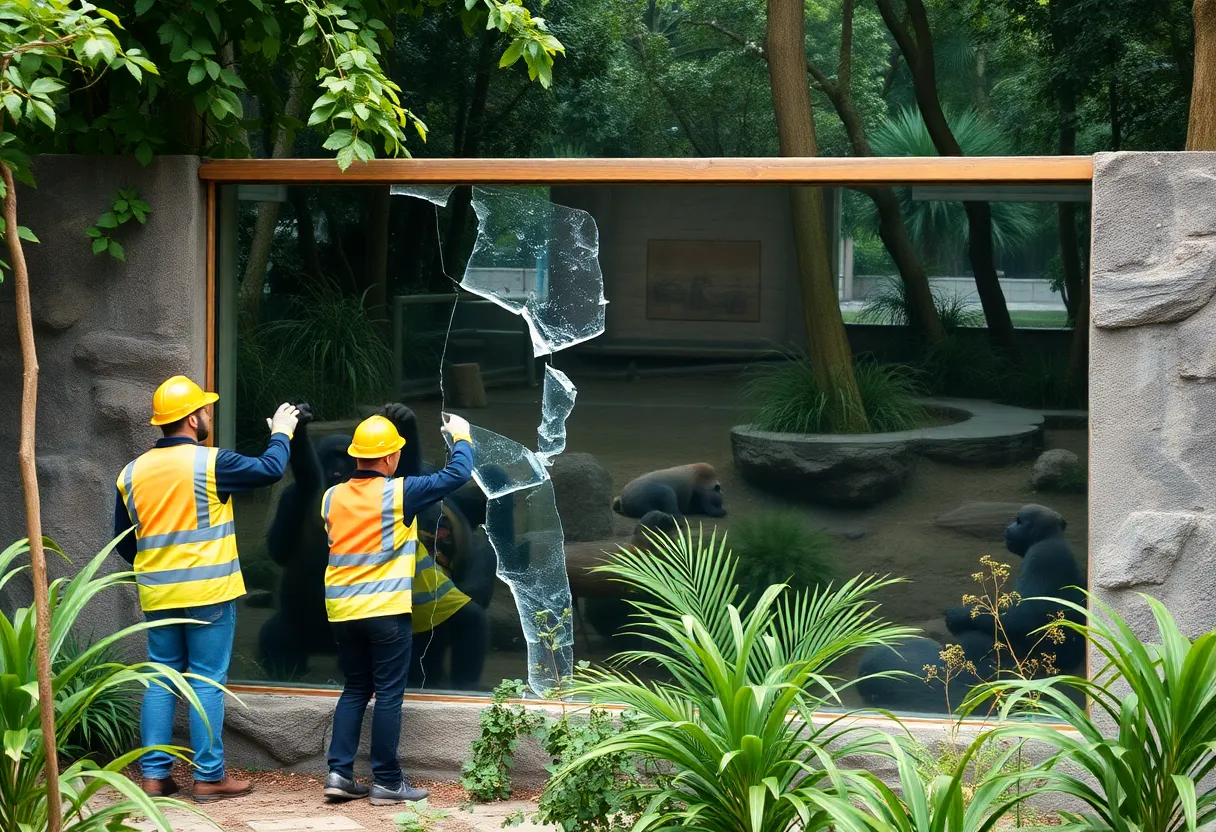 Zoo staff repairing shattered glass panel in gorilla habitat