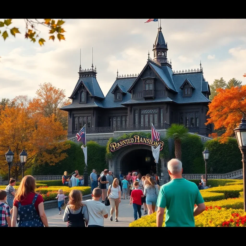 The Haunted Mansion attraction at Disneyland with families enjoying the park