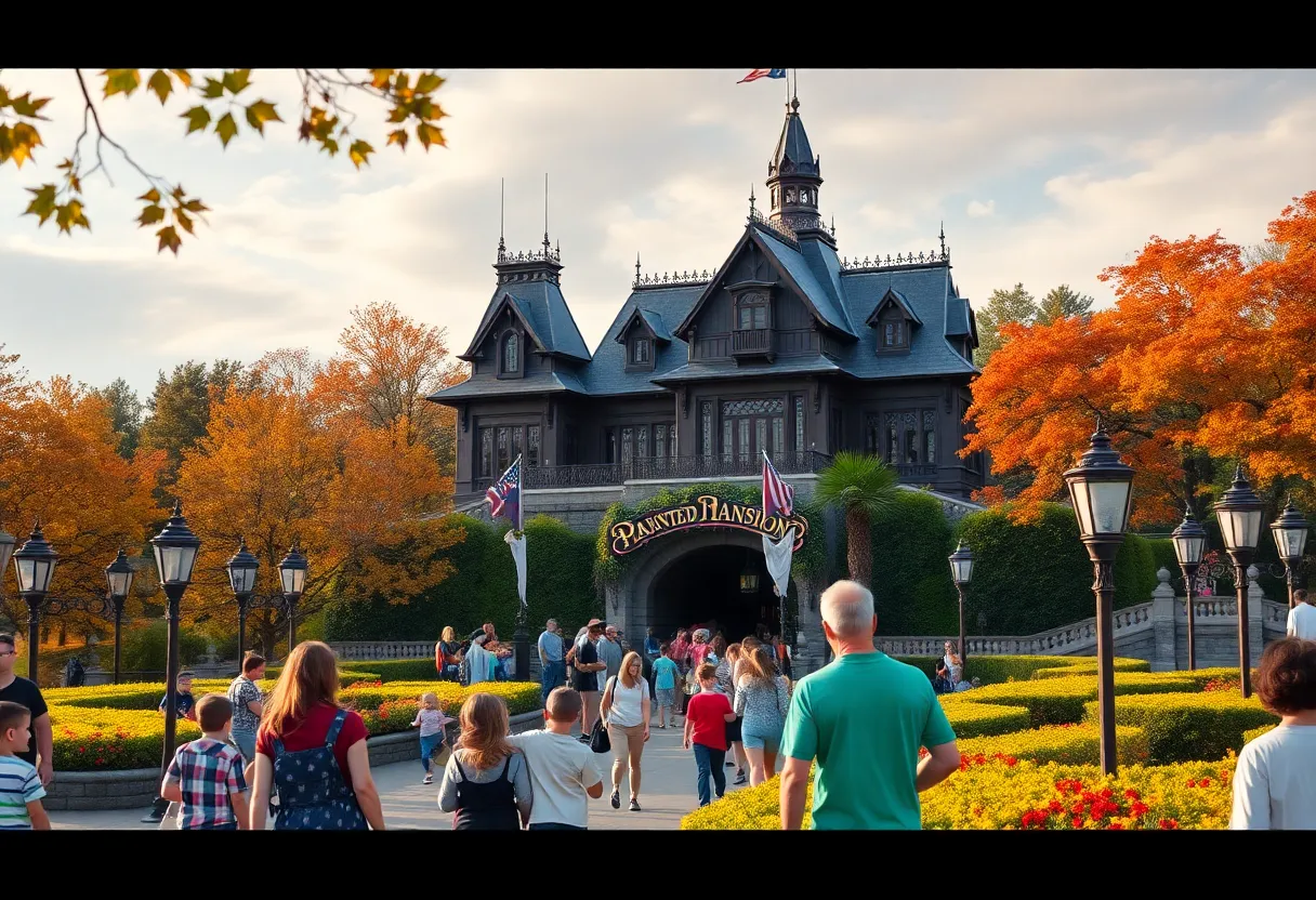 The Haunted Mansion attraction at Disneyland with families enjoying the park