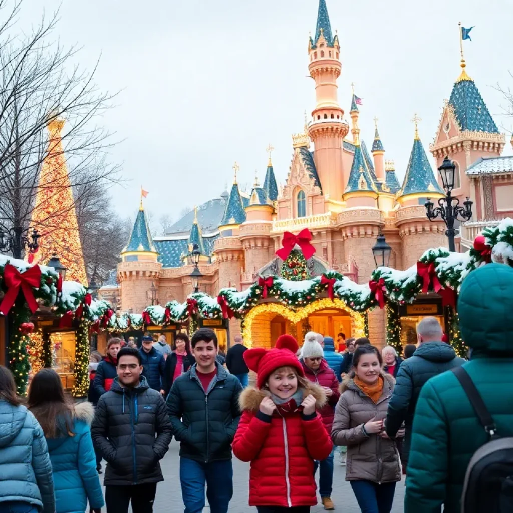 A festive view of Disneyland during the holiday season