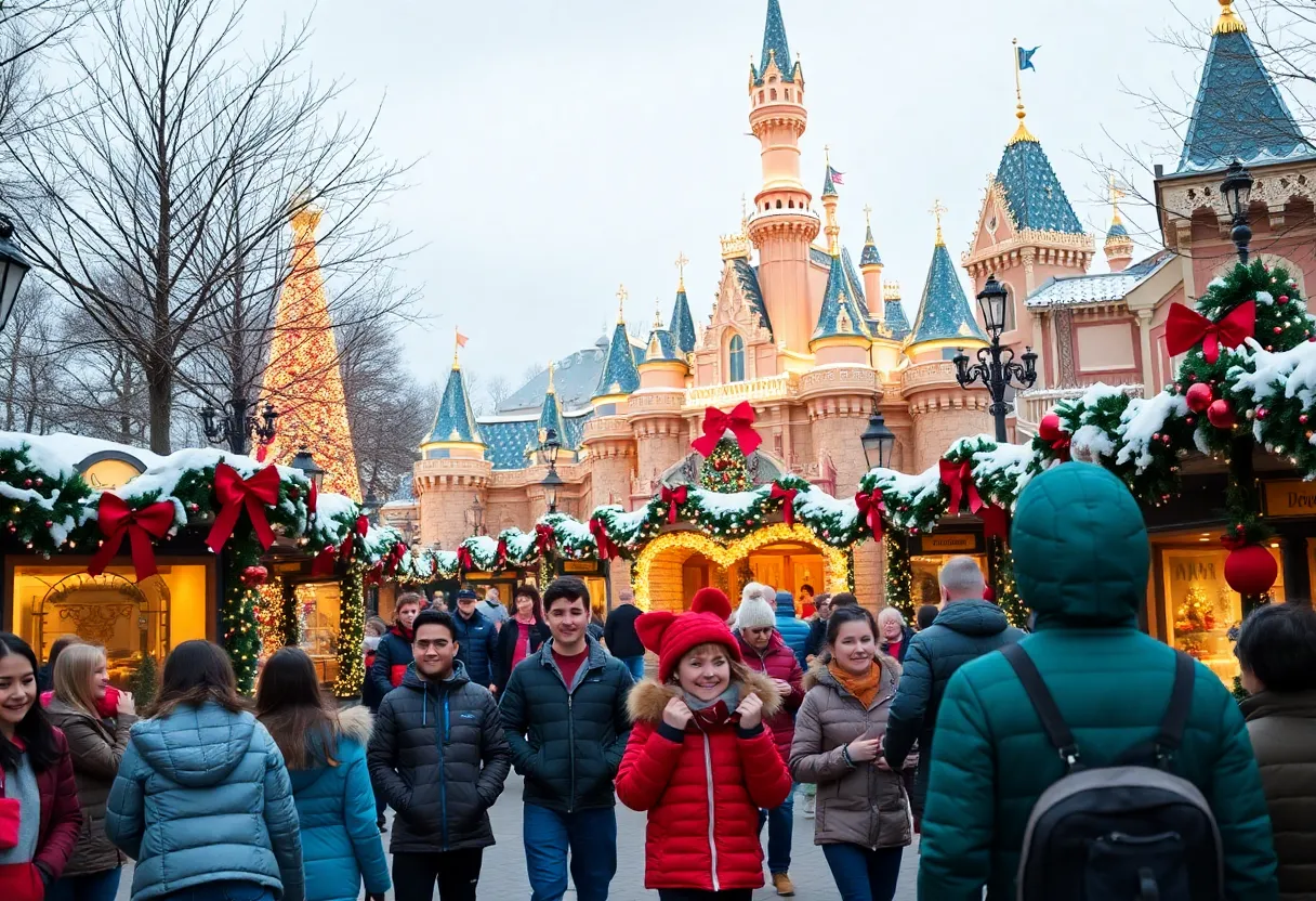 A festive view of Disneyland during the holiday season