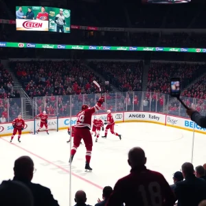 Carolina Hurricanes players celebrating a goal during a game against Anaheim Ducks