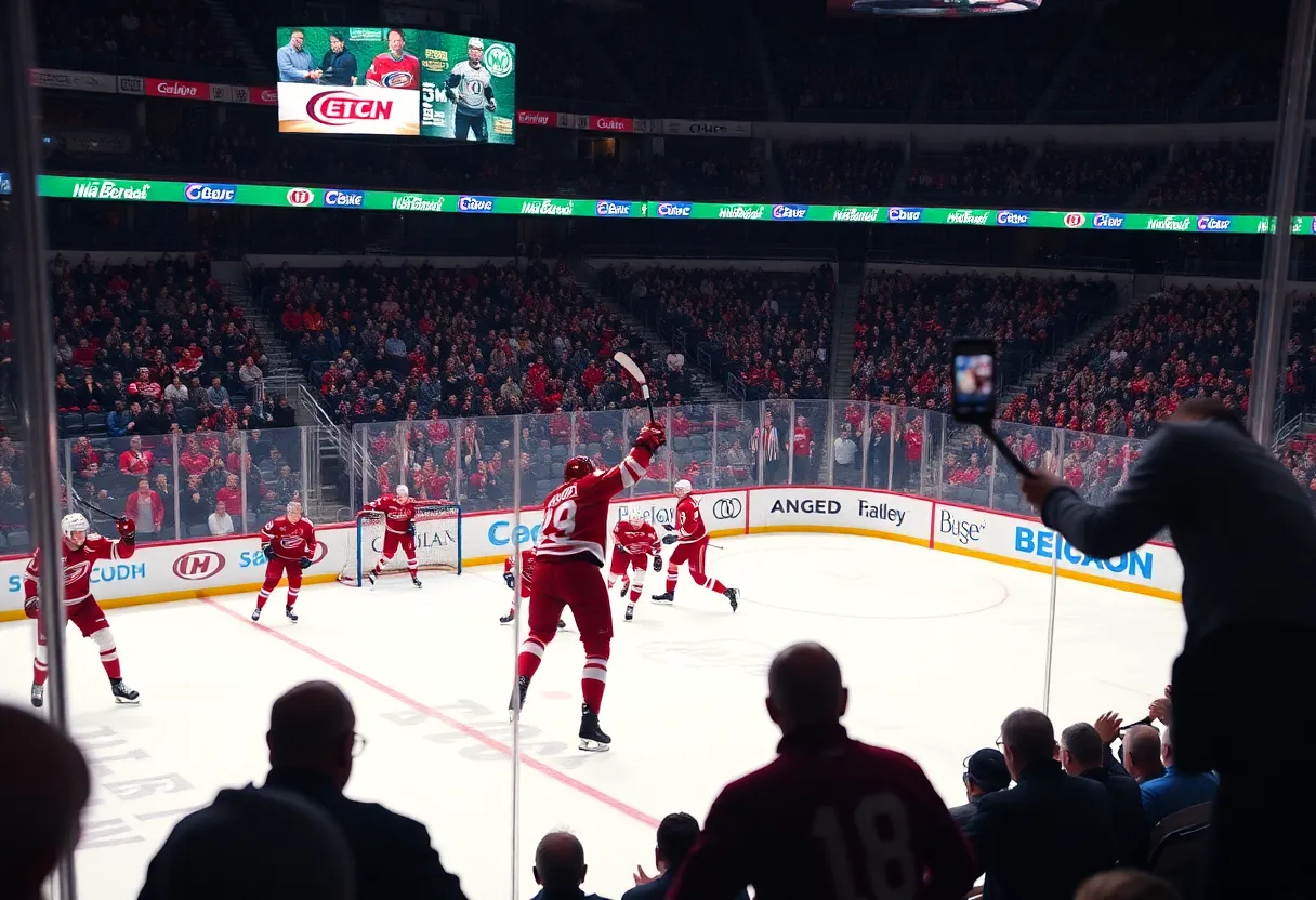 Carolina Hurricanes players celebrating a goal during a game against Anaheim Ducks