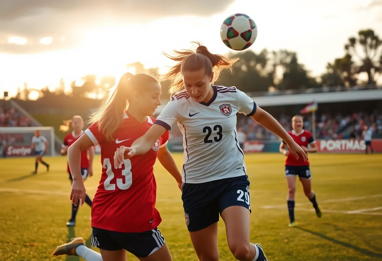 A scene from a women's soccer match featuring Long Beach State players in action.