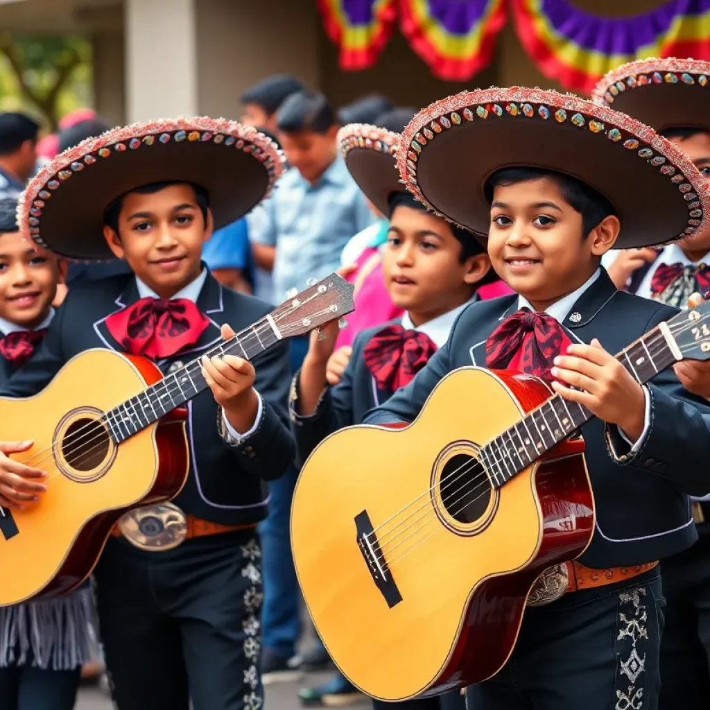 Young musicians playing mariachi instruments in a colorful community event.