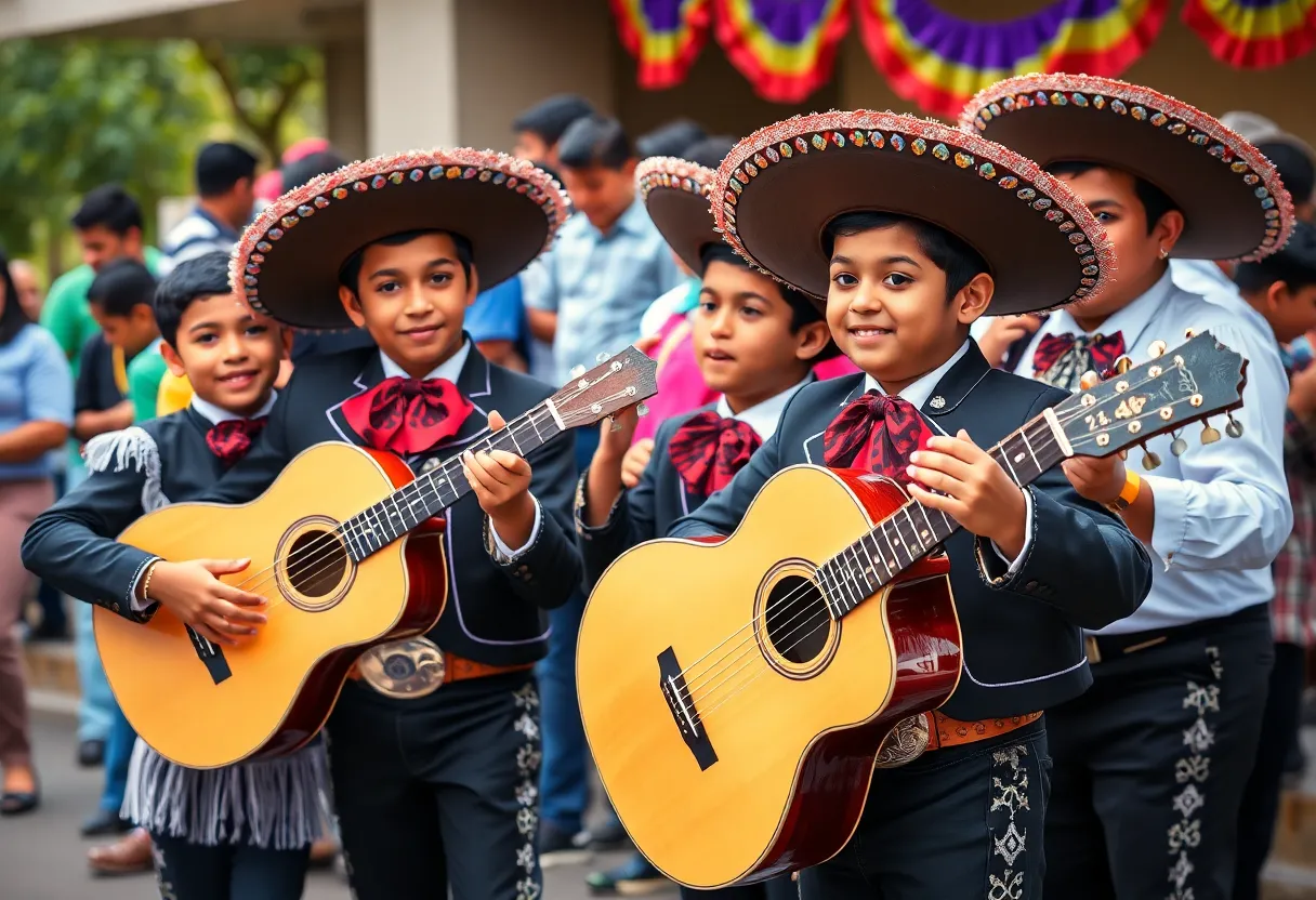 Young musicians playing mariachi instruments in a colorful community event.