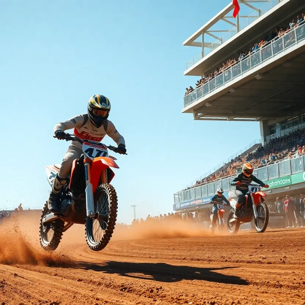 Motocross riders competing in a stadium