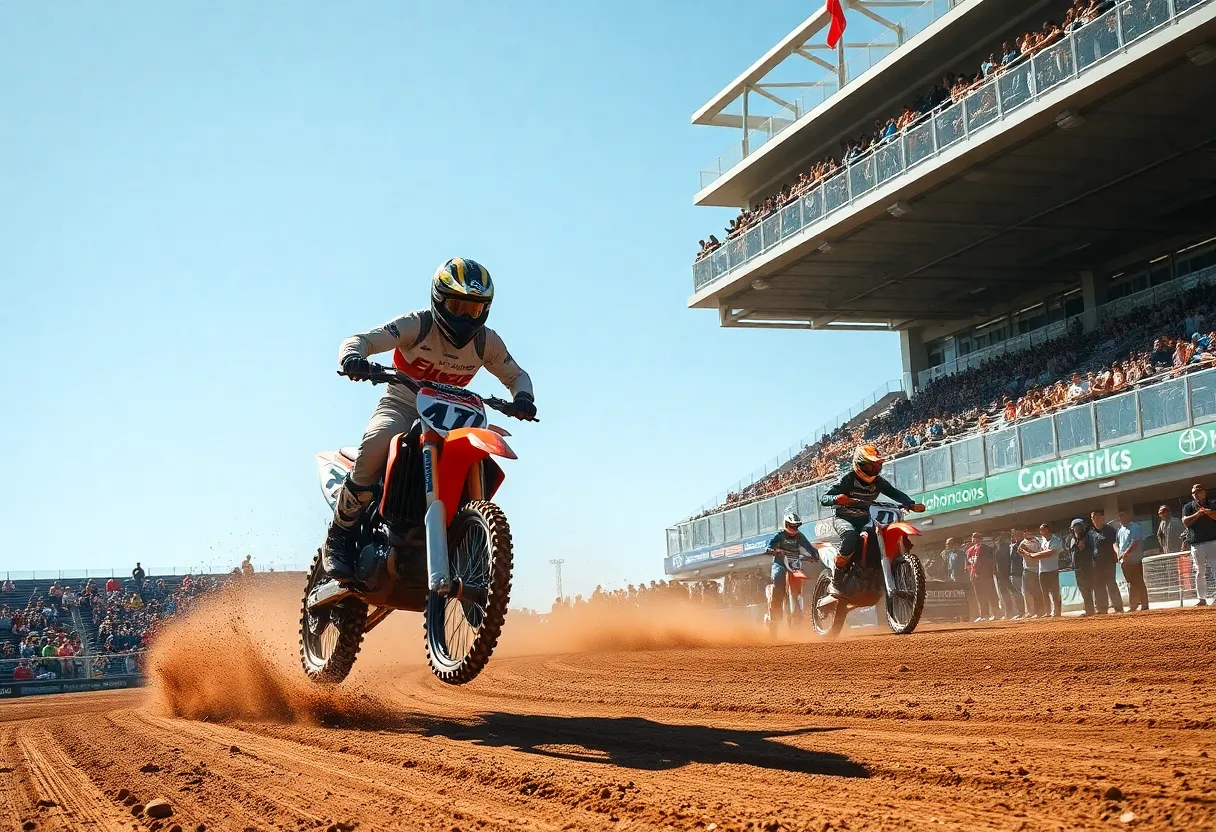 Motocross riders competing in a stadium