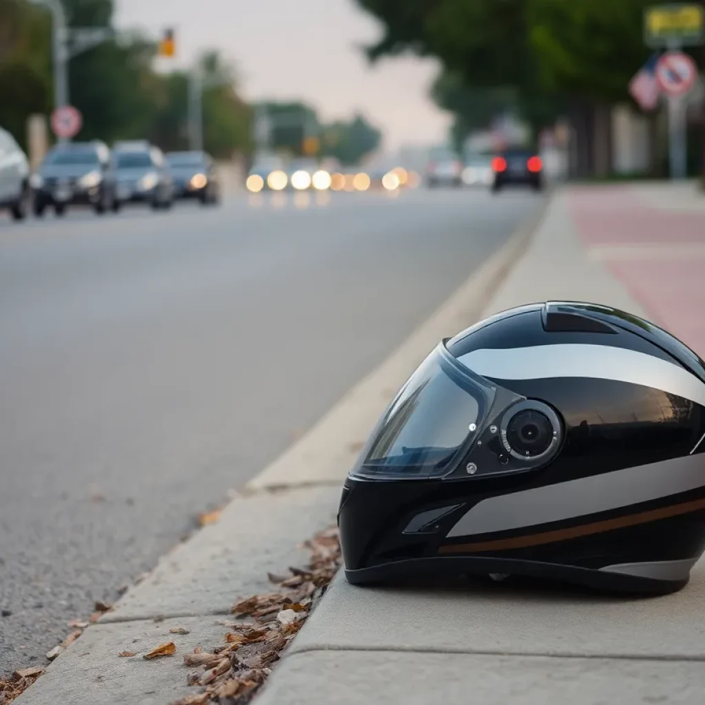 Motorcycle helmet on the ground near a busy road in Anaheim.