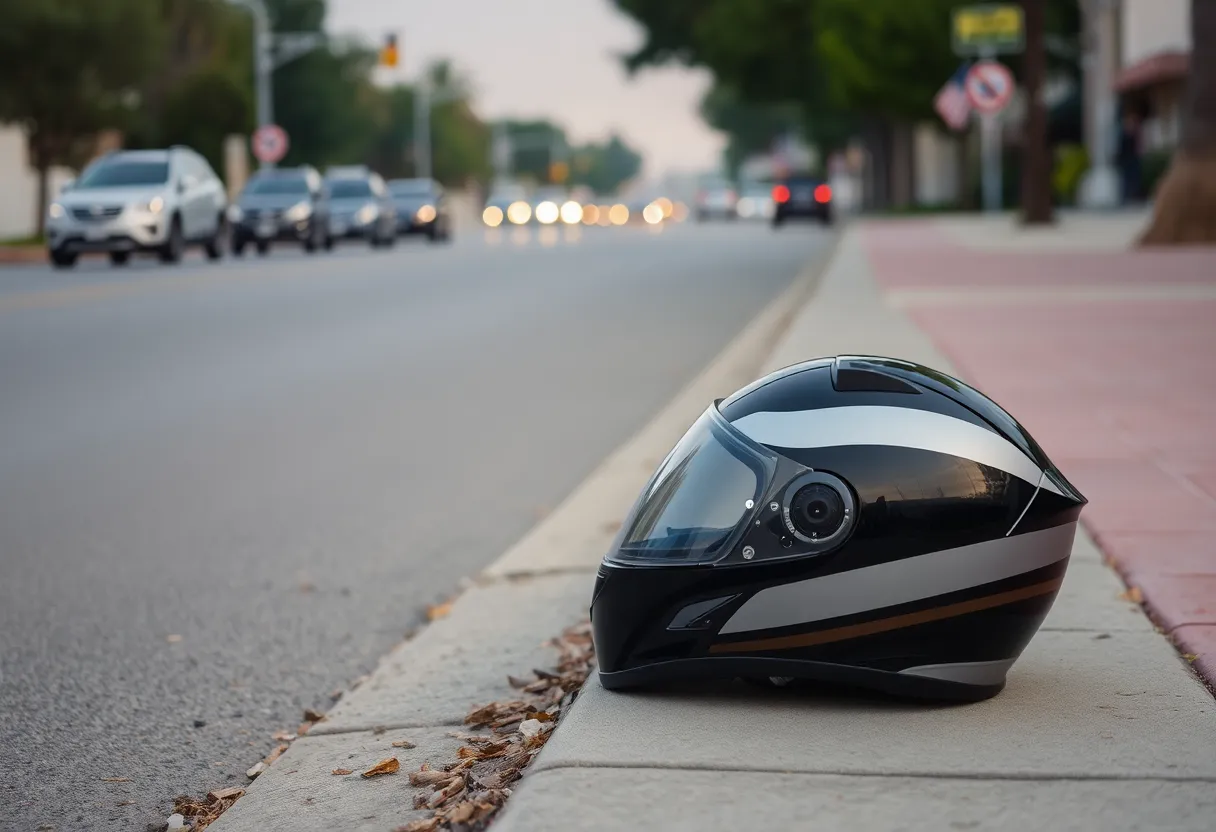 Motorcycle helmet on the ground near a busy road in Anaheim.