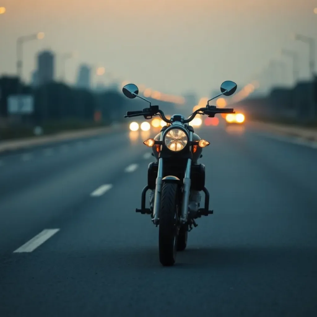 A motorcycle on a quiet road during early morning hours