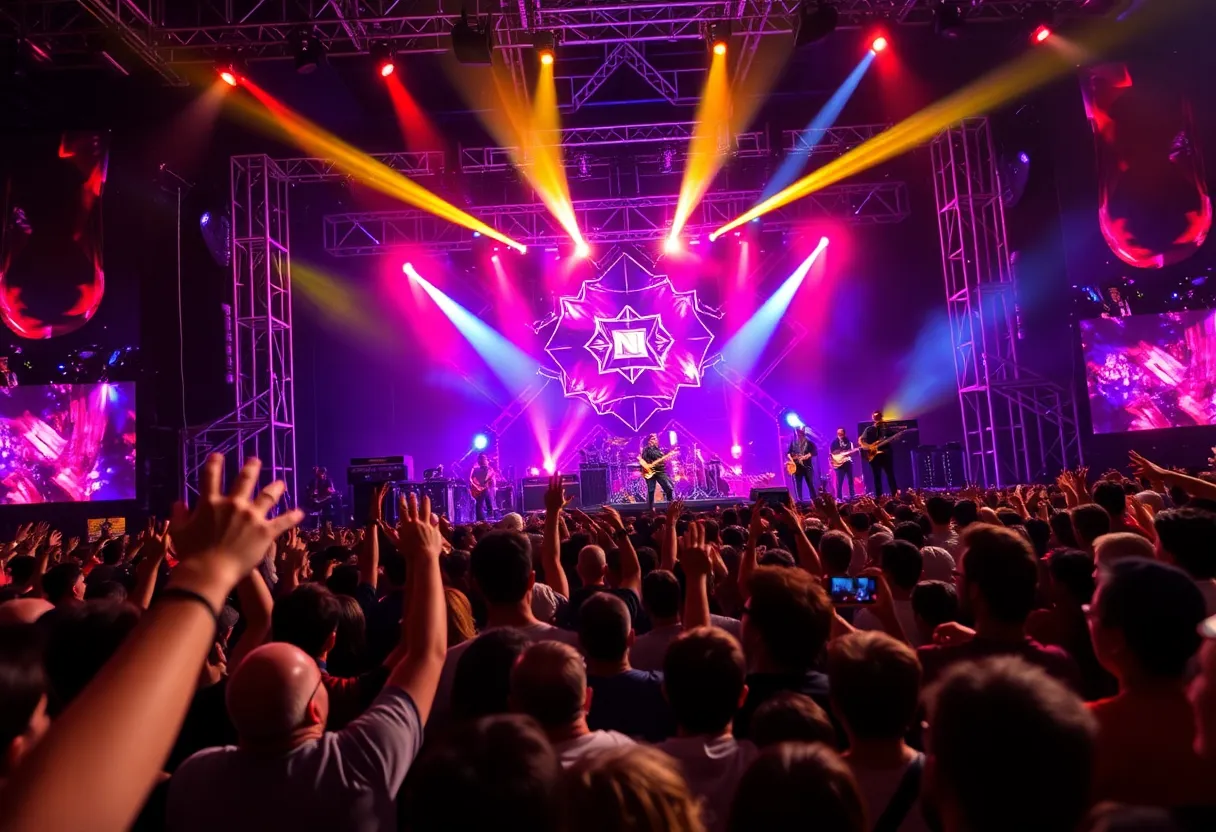 Audience cheering at a Nine Inch Nails concert.