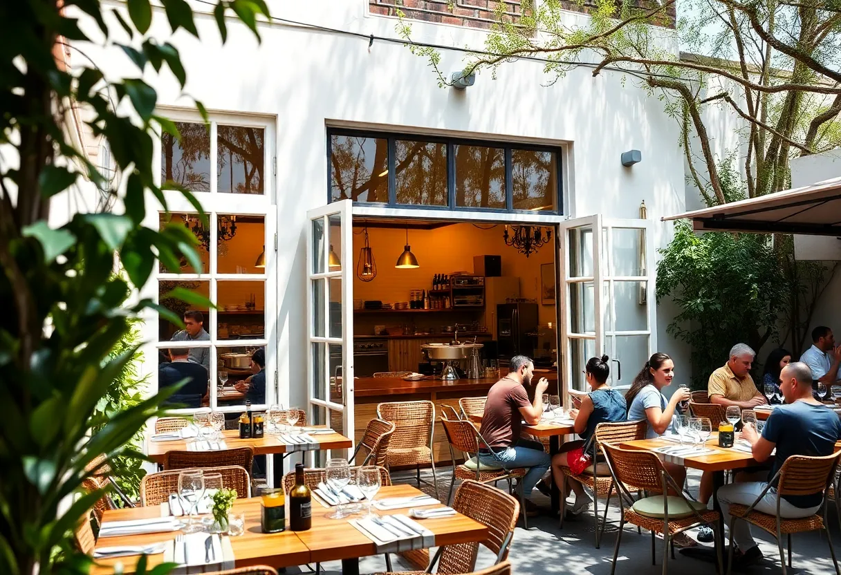 Outdoor dining area at a California restaurant showcasing open kitchen design.