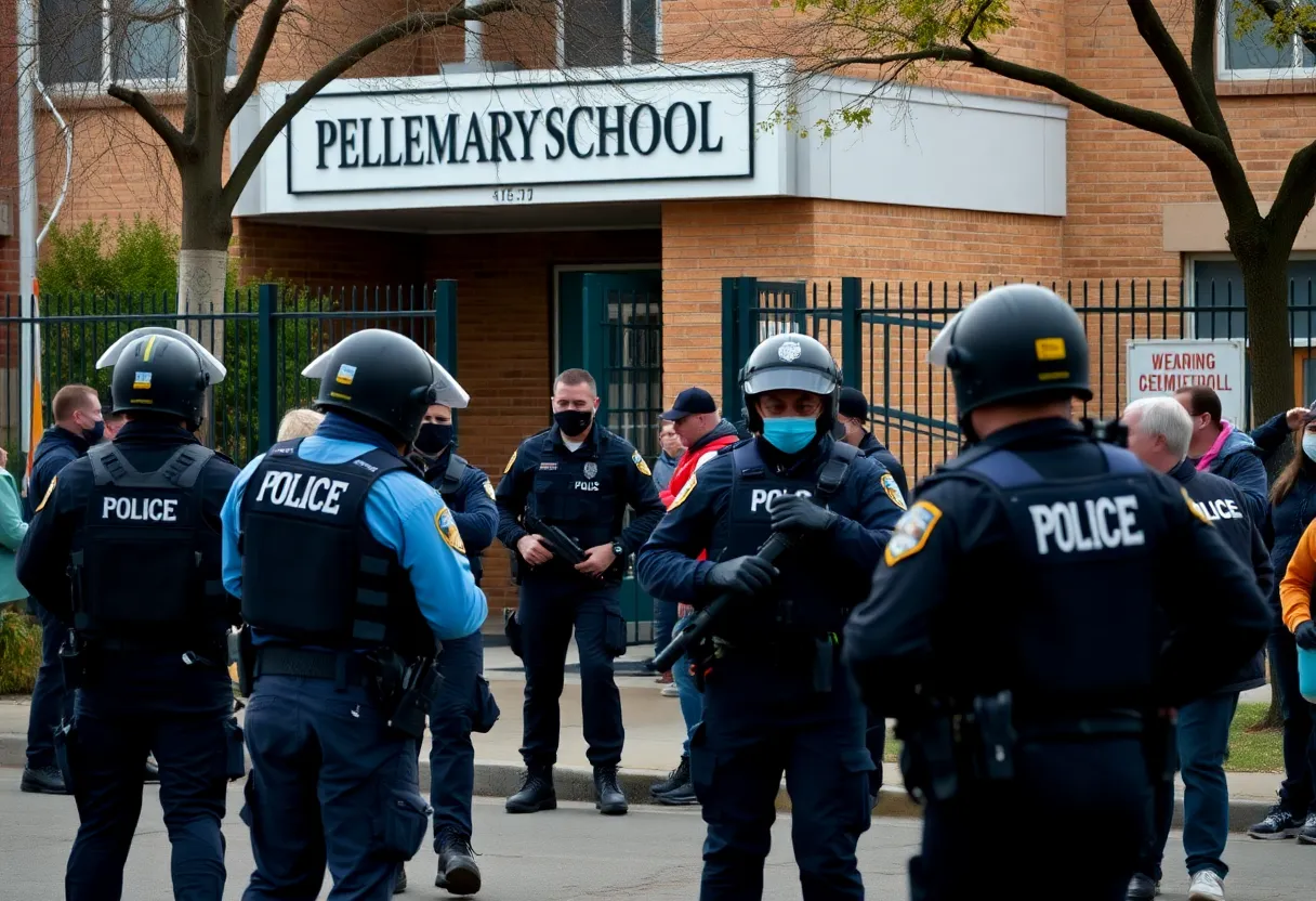 Police officers responding to a situation near a school