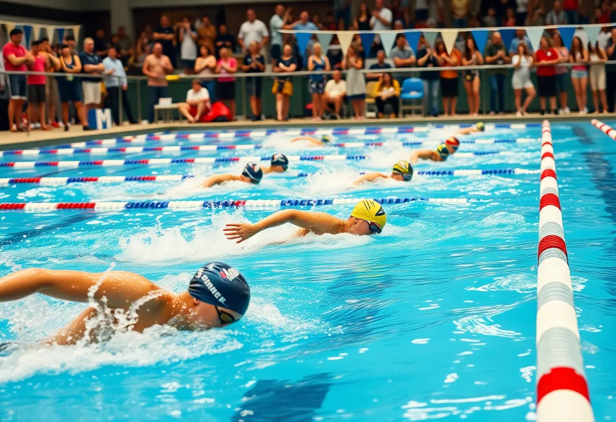Swimmers competing in a swim meet