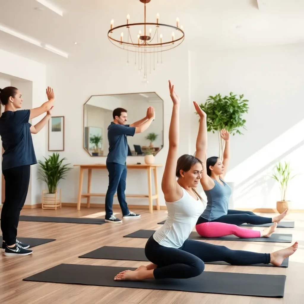 Interior of Stretch Zone studio with practitioners assisting clients in stretching exercises.