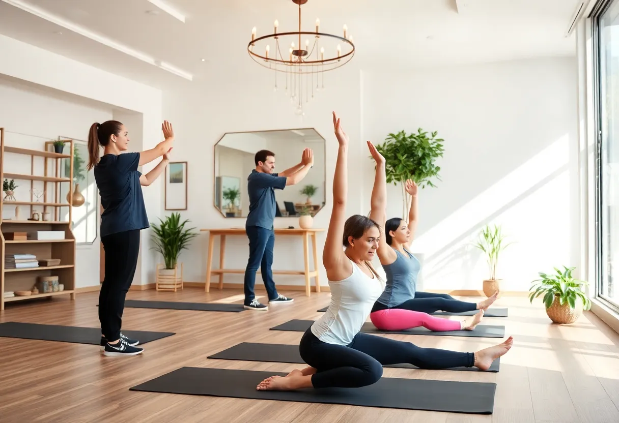 Interior of Stretch Zone studio with practitioners assisting clients in stretching exercises.