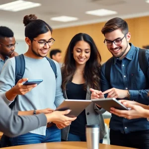 Diverse college students collaborating on AI projects in a classroom