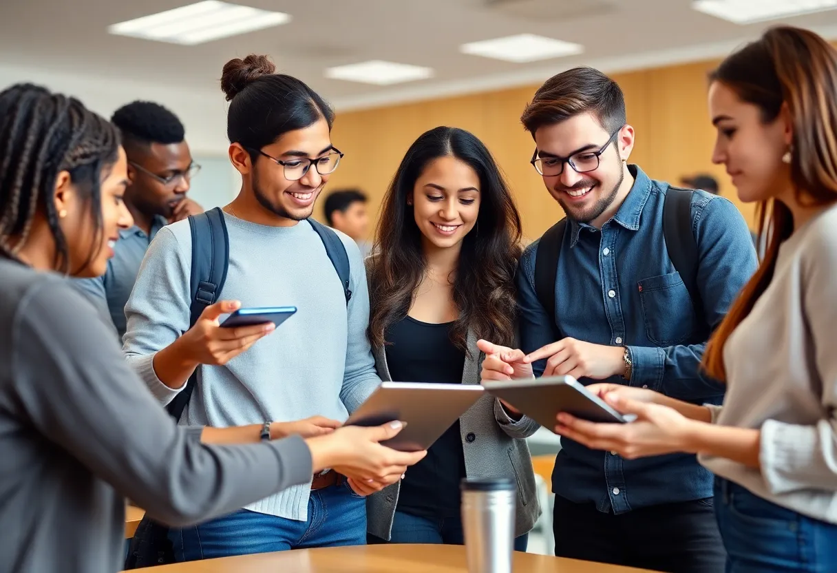 Diverse college students collaborating on AI projects in a classroom