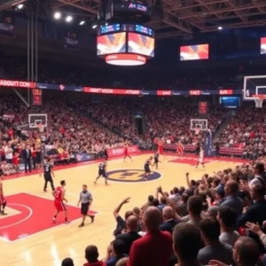 Basketball players in action during UCLA vs San Diego State game